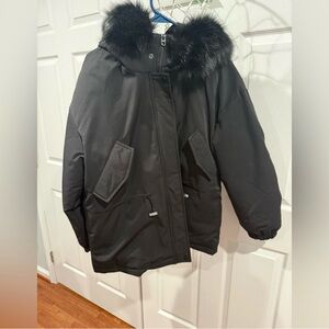 Black Hooded Winter Coat with Faux Fur Trim